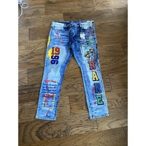 Rue 21 New Graphic Jeans Grunge Punk  Streetwear Paint & Patches 32‎ X 30